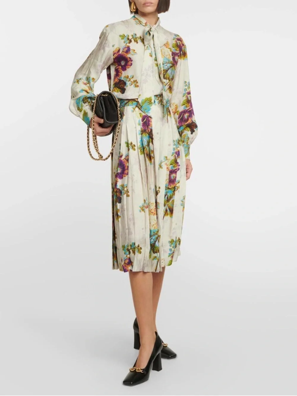 Tory Burch Floral Pleated Satin High Waisted Midi Skirt